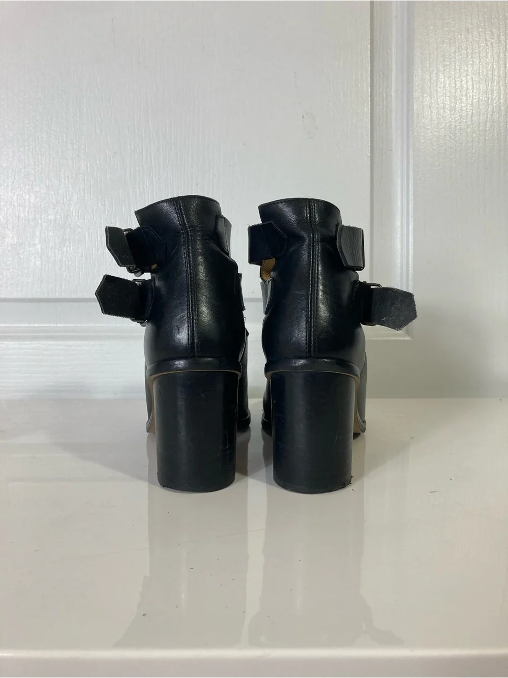 OFFICE LONDON Boots EU 37/US 7 Black Leather 2-Straps Buckle Stack Block Heel